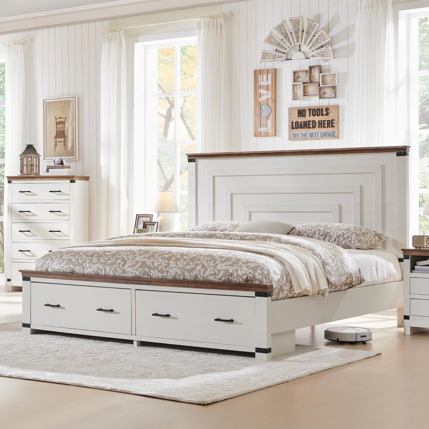 Farmhouse Wood Bed Frame with 54" Tall Headboard, 2 Large Drawers