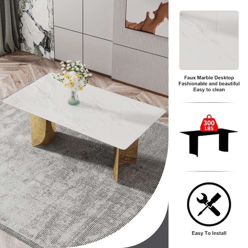 Modern minimalist dining table. The imitation marble glass desktop is equipped with golden metal legs. Suitable for rest