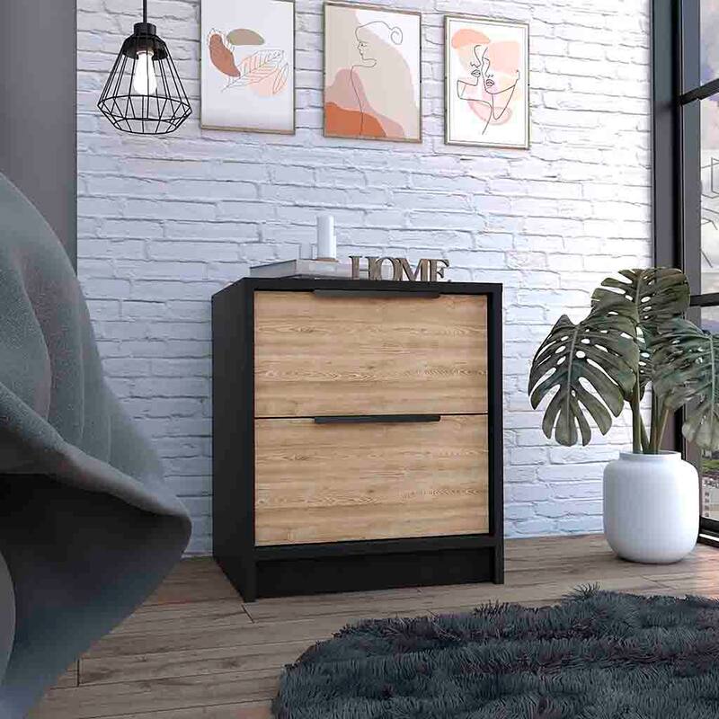 Modern Black and Pine Nightstand with Two Drawers - Multicolor
