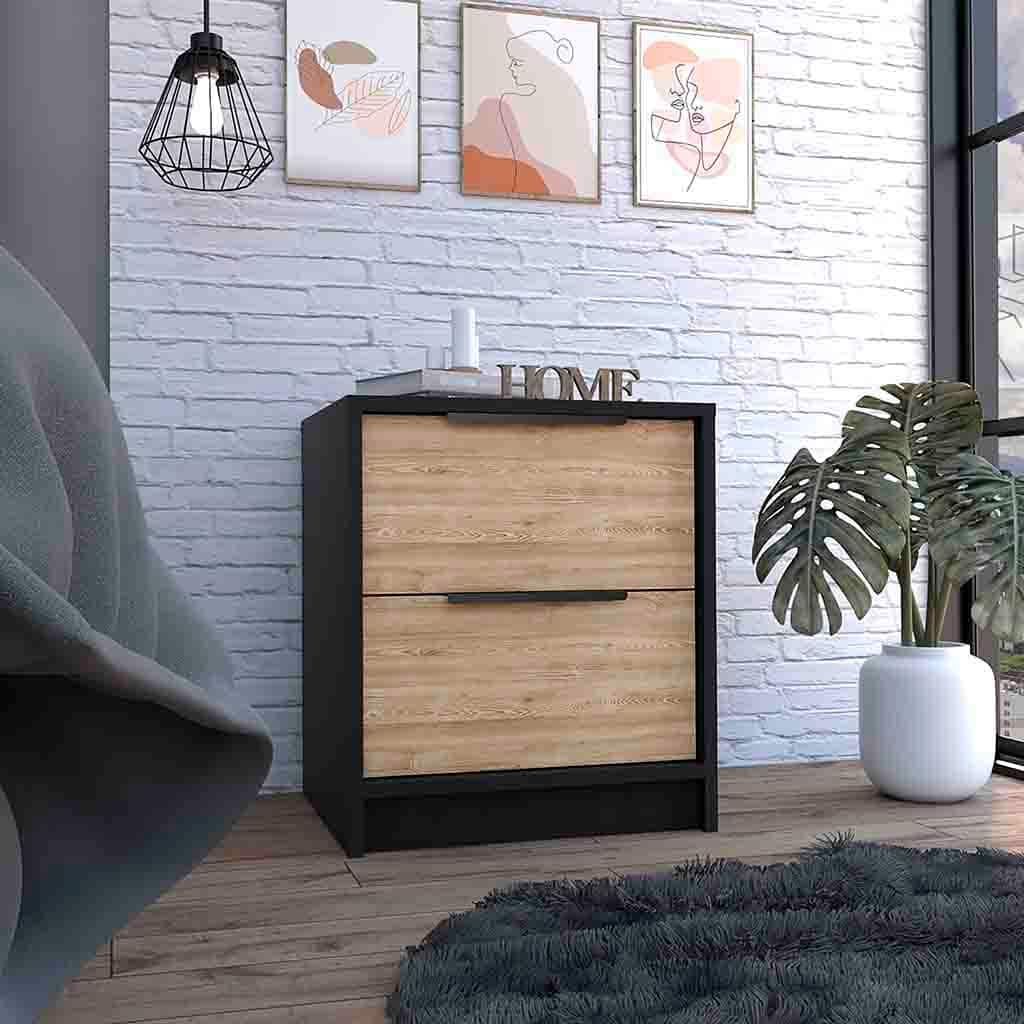 Modern Black and Pine Nightstand with Two Drawers