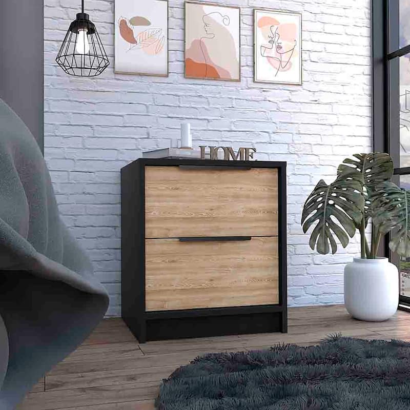 Modern Nightstand 19" H, Two Drawers, Black / Pine - Antique White