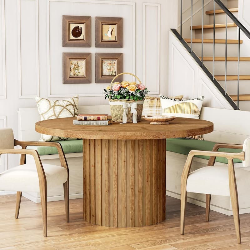 47" Solid Wood Round Farmhouse Pedestal Dining Table Kitchen Table for 4-6 - 47" L × 47" W × 29.5" H