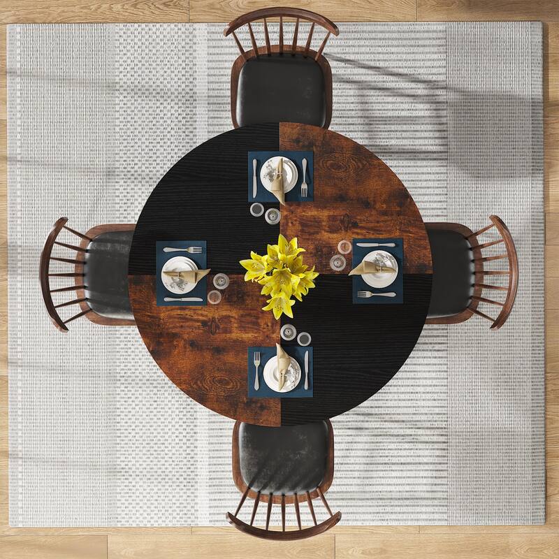 Round Dining Table with Storage Shelves for 4 Metal Legs Wood Table Top for Home Dining Room Living Room, Rustic Brown Black