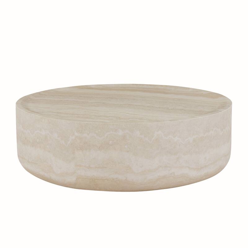 Modern Textured Faux Travertine Round Coffee Table No Need Assembly.