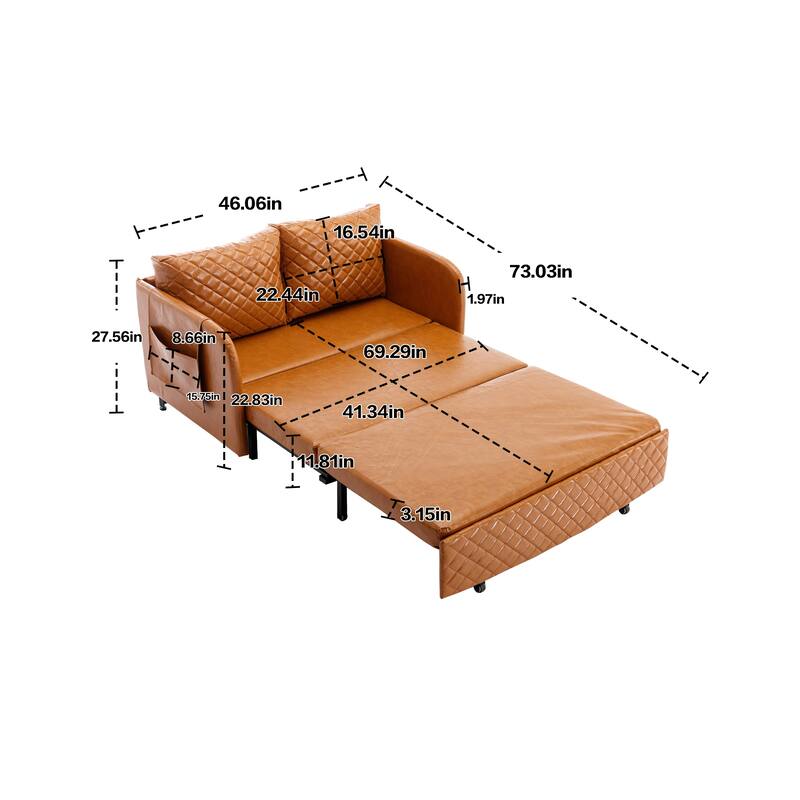 Small Love Seat Futon Sofa Bed with 2 Pillows & Side Pockets, Brown