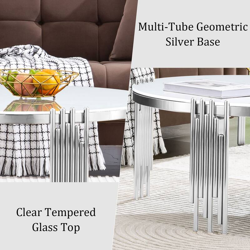 Modern 36" Round Coffee Table with Tempered Glass Top and Polished Chime-Shaped Legs
