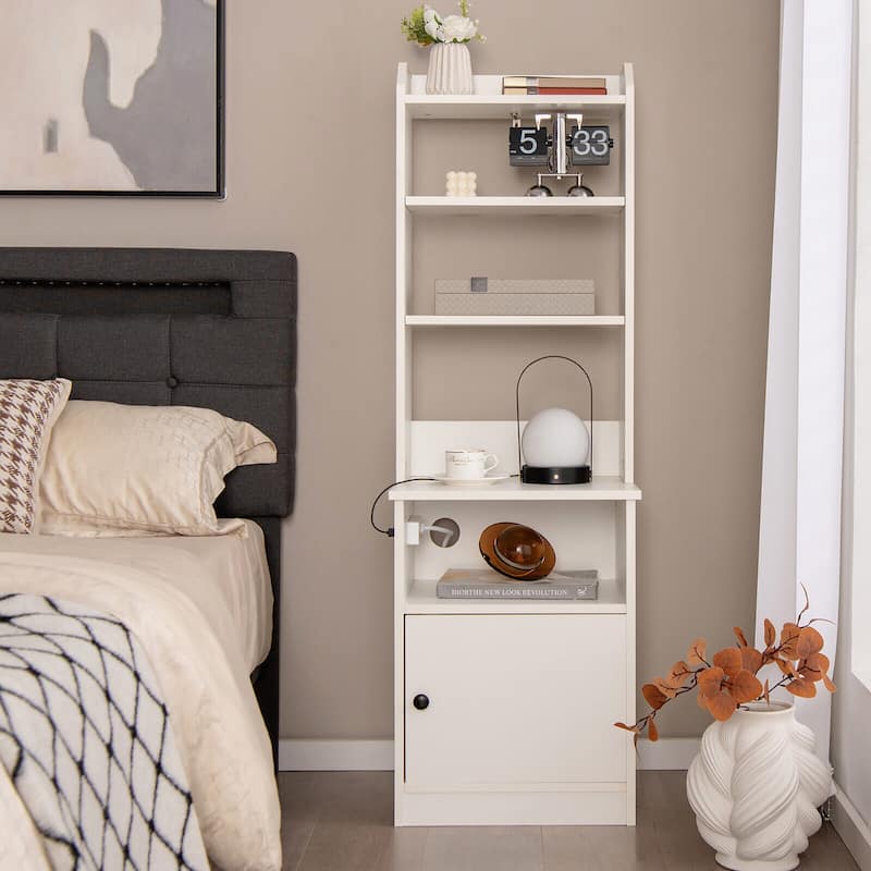 Gymax Nightstand Bedside End Side Table Bookshelf w/ Charging Station