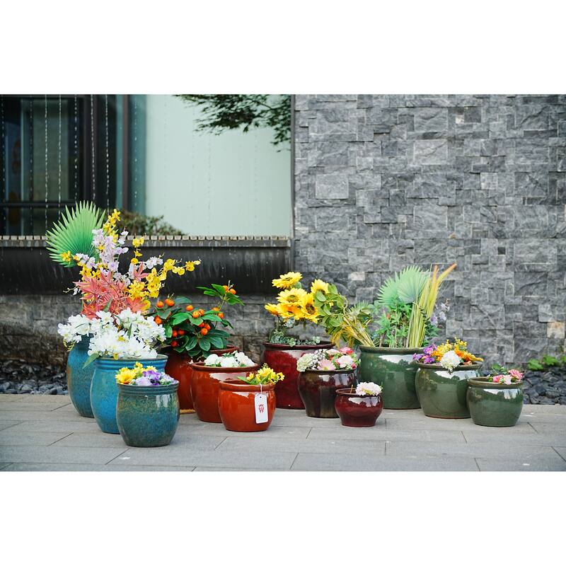 Antique Teal Ceramic Planter Set of 3 - 14.6" Square Modern Plant Pots with Drainage & Stripes - Antique blue green