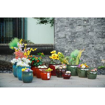 Antique Teal Ceramic Planter Set of 3 - 14.6" Square Modern Plant Pots with Drainage & Stripes