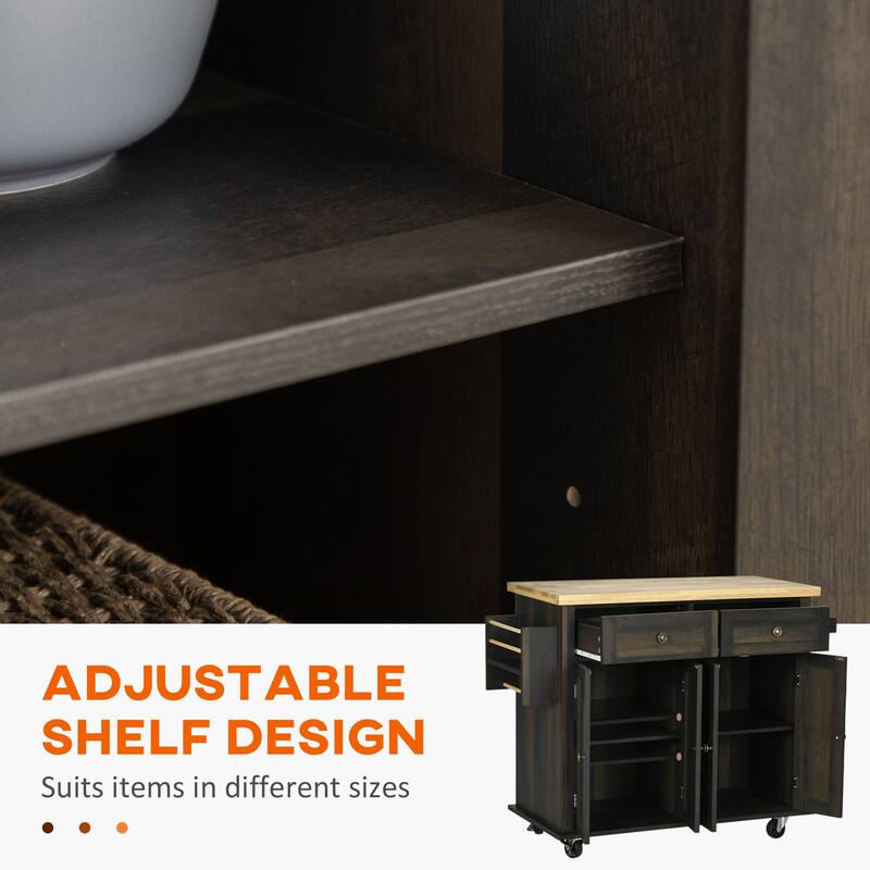 Rolling Cart with Rubberwood Top, Kitchen Island on Wheels with Spice Rack, Towel Rack and Drawers for Dining Room