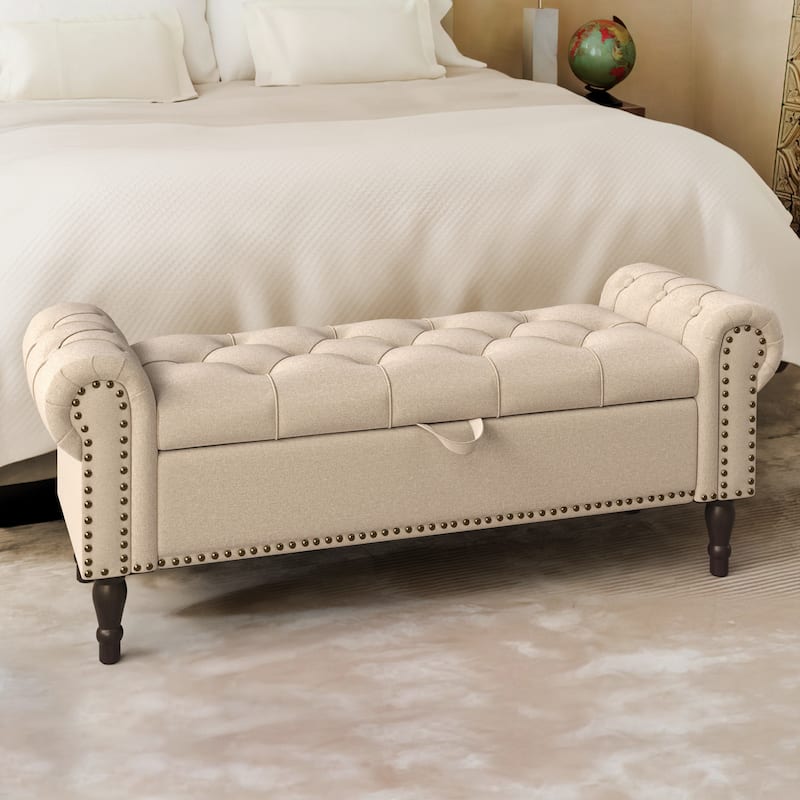Modern Velvet Upholstered Storage Bench with Silver Nailhead Trim - 50.7" W X 17.7" D X 19.6" H - Linen/51"