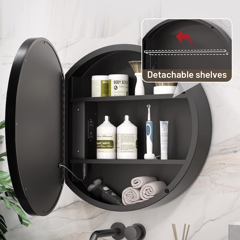 Keonjinn LED Metal Framed Round Medicine Cabinet with Mirror for Vanity, 3 Color Temperatures