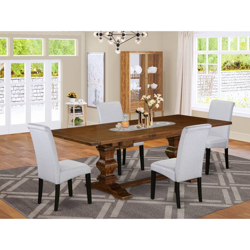 5-Piece Wooden Dining Set - Linen Fabric Parsons Chairs & Table - Antique Walnut & Black Finish - 92