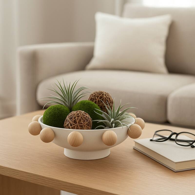 Wood and Metal Decorative Bowl with Fir Sphere Accents - 13" - 13.0"