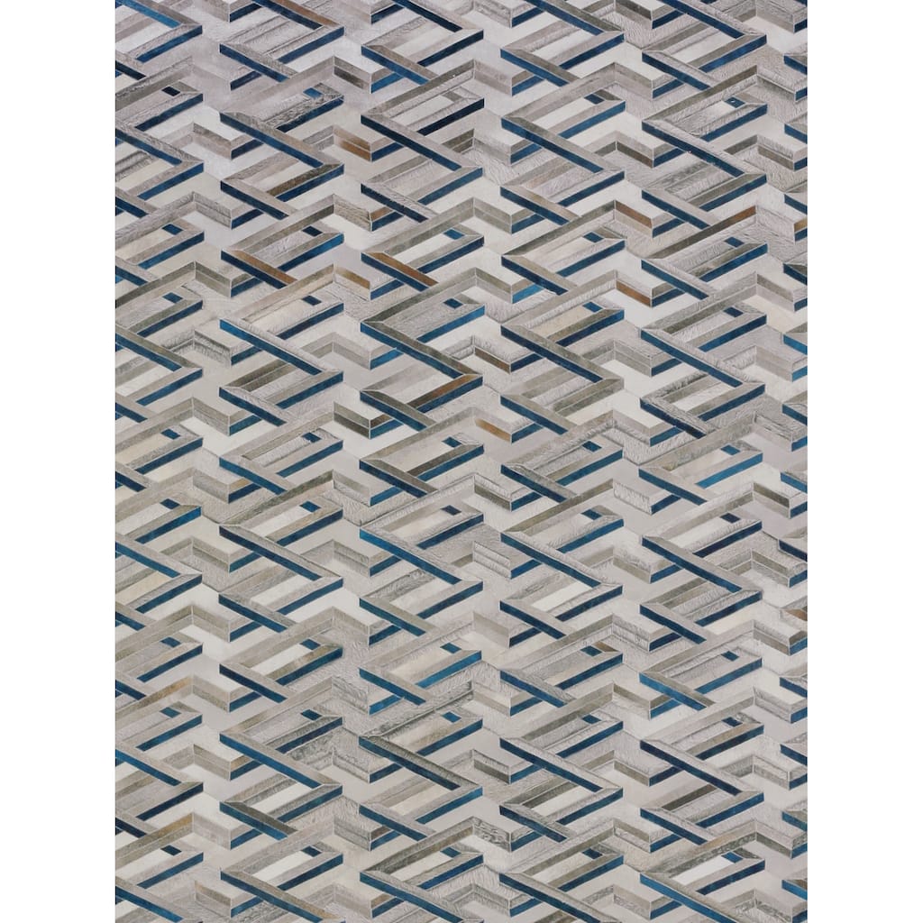 EXQUISITE RUGS Natural Hide Hand-stitched Leather Hide Silver/Blue Area Rug.