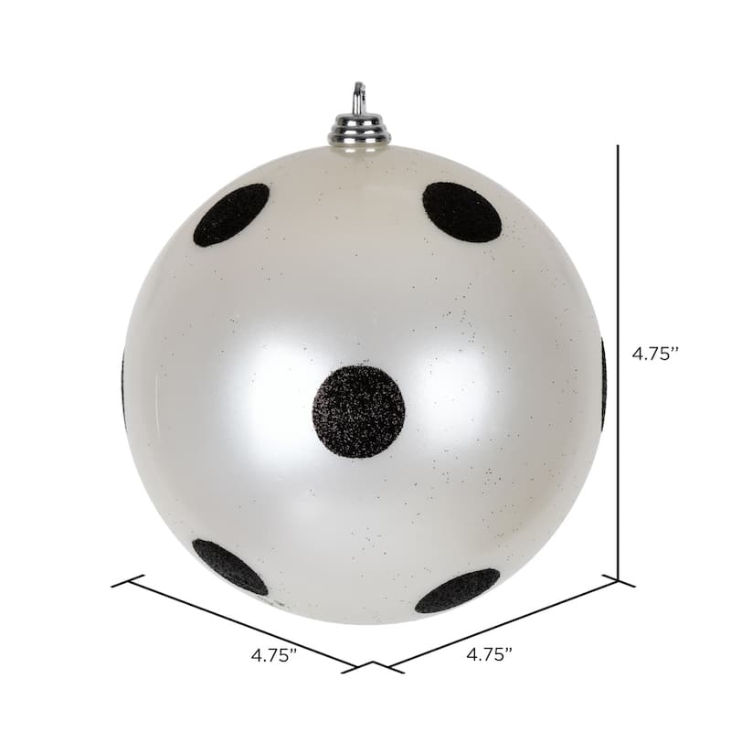 Vickerman 4.75" White Candy Finish Ball Ornament with Black Glitter Dots, 4 per Bag