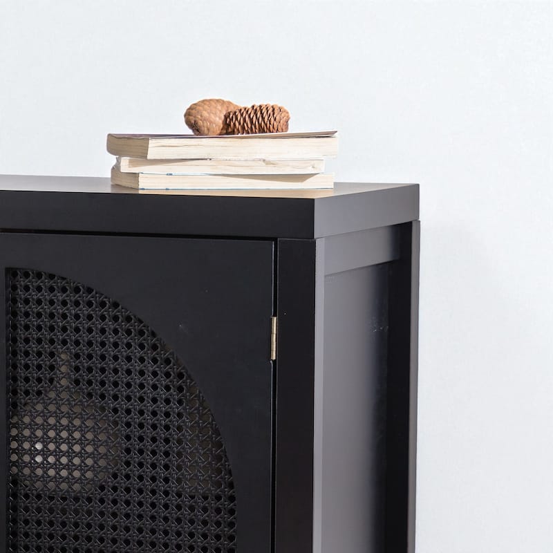 Modern Rattan Accent Cabinet with Arched Doors, 29" Buffet Storage Cabinet with Adjustable Shelf for Entryway or Kitchen