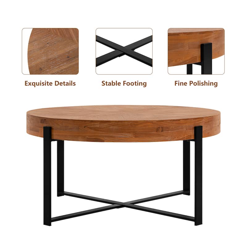 33.86" Modern Retro Splicing Wooden Round Coffee Table with Cross Legs Base