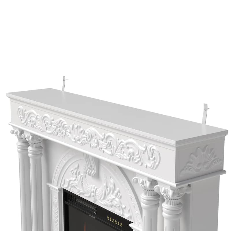 Solid Wood Electric Fireplace TV Stand with 12-Color LED Flame, White Wood Cabinet with Roman Columns, 1500W Heater