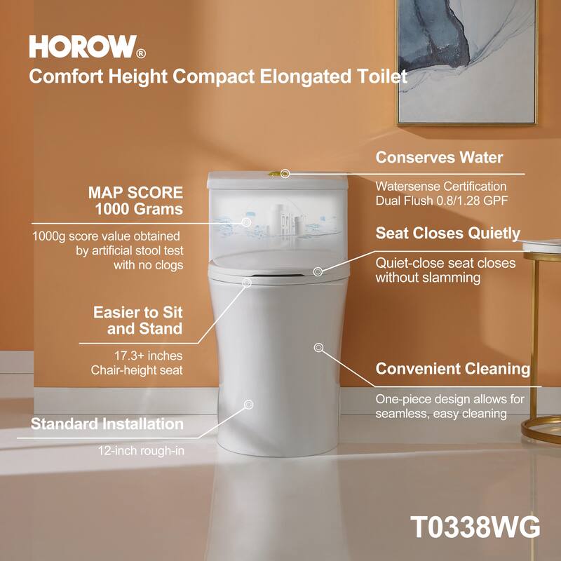 HOROW One Piece 0.8/1.28 GPF Dual Flush Elongated Toilet in White with Soft Close Seat and Gold Accent Button