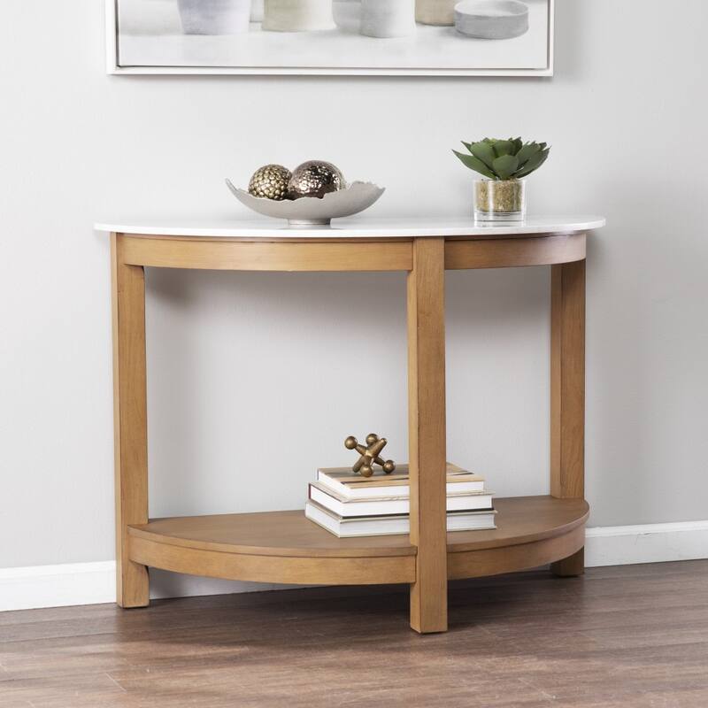 White Faux Marble Half Circle Console Table with Shelf and Wood Base - 41.75” L x 20” W x 30.25” H