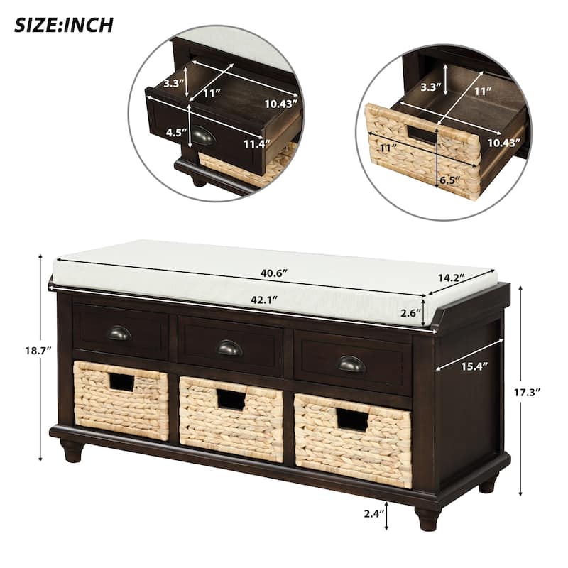 Rustic Storage Bench with 3 Drawers and 3 Rattan Baskets, Shoe Bench for Living Room, Entryway