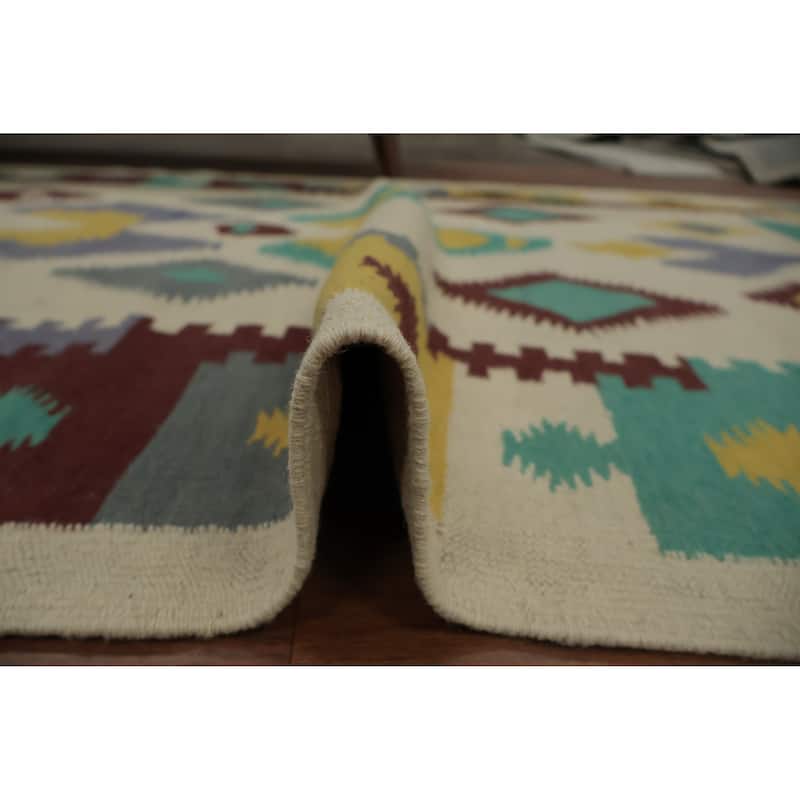 Hand Woven Oriental 100% Wool Carpet Southwestern Tribal Beige & Ivories Kilim Area Rug - 11' 4'' X 4' 9''