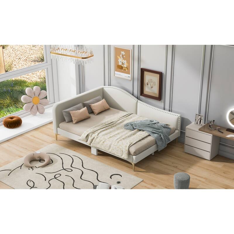 Modern Upholstered Full Size Daybed with Headboard and Armrest, Beige Linen Fabric, Sturdy Wood Frame
