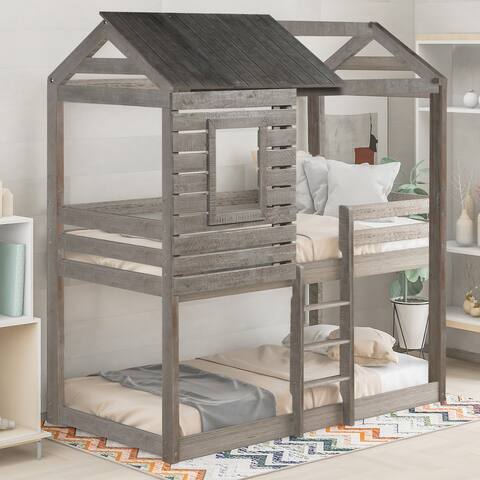 Bunk Bed Wood Loft Bed with Roof Window Guardrail Ladder