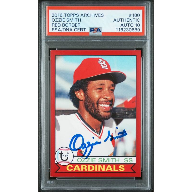 Ozzie Smith 2016 Topps Archives Red Border Signed Baseball Card #180 Auto Graded PSA 10 48/50 Cert # 116230689 - 8' x 11'
