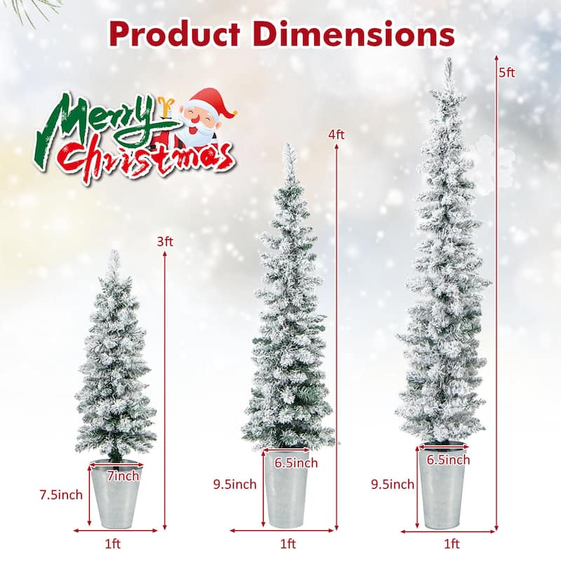 3/4/5 FT Potted Artificial Christmas Tree Snow-Flocked Slim Faux Trees