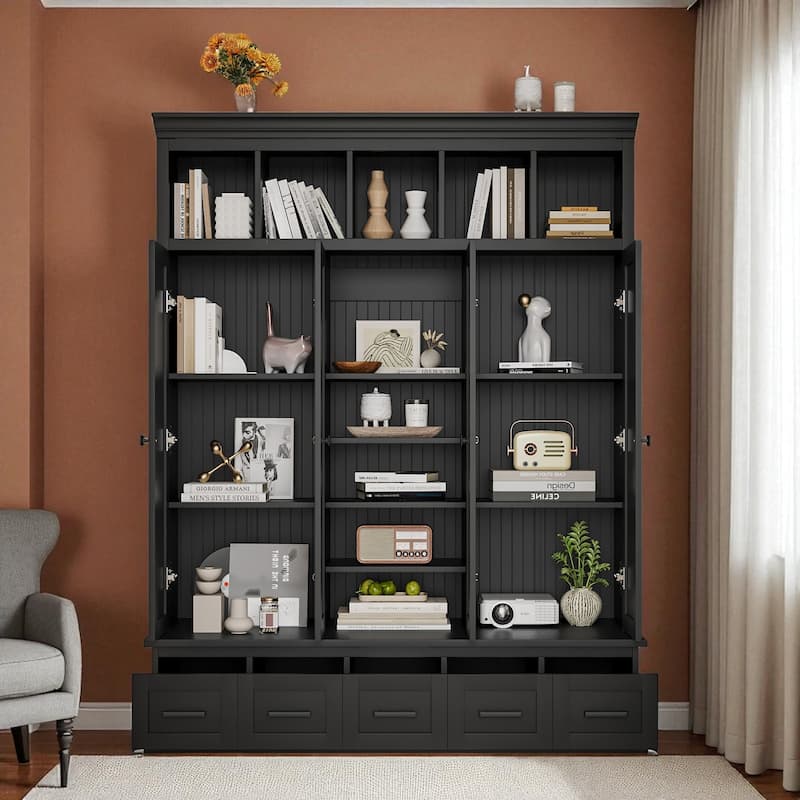 Modern Hall Tree with Bench, 5 Cubbies, 4 Doors & 5 Drawers, Adjustable Shelves, 62.4 x 19.7 x 78.7 in
