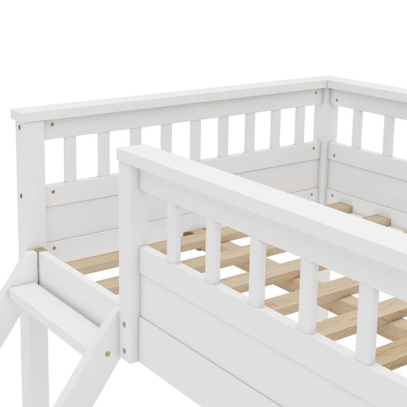 Roomfitters Twin XL over Queen Bunk Bed with Ladder and Safety Guardrails, Space-Saving Wood Frame, White