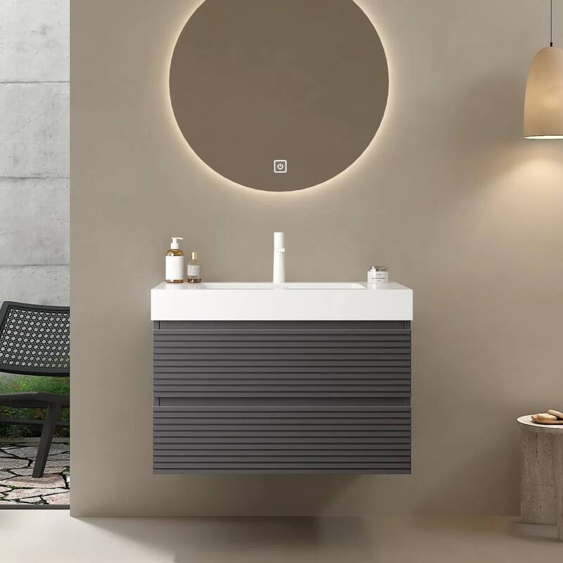 Plywood Wall-Mounted Bathroom Vanity Set in Grey with Integrated Acrylic Sink - 30"x 20”
