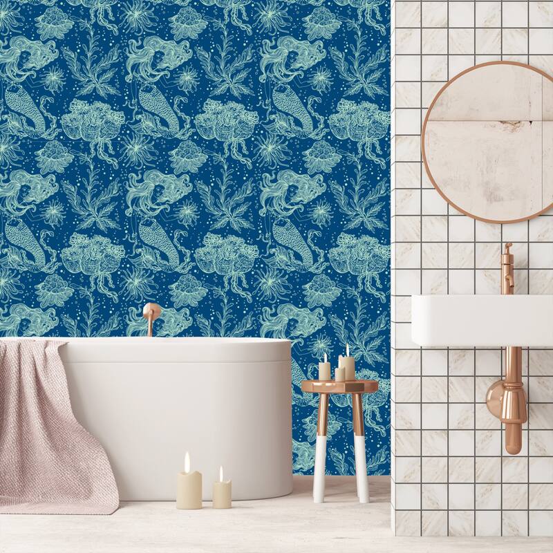 Blue Marine Plants and Mermaids Removable Wallpaper - 24'' inch x 10'ft