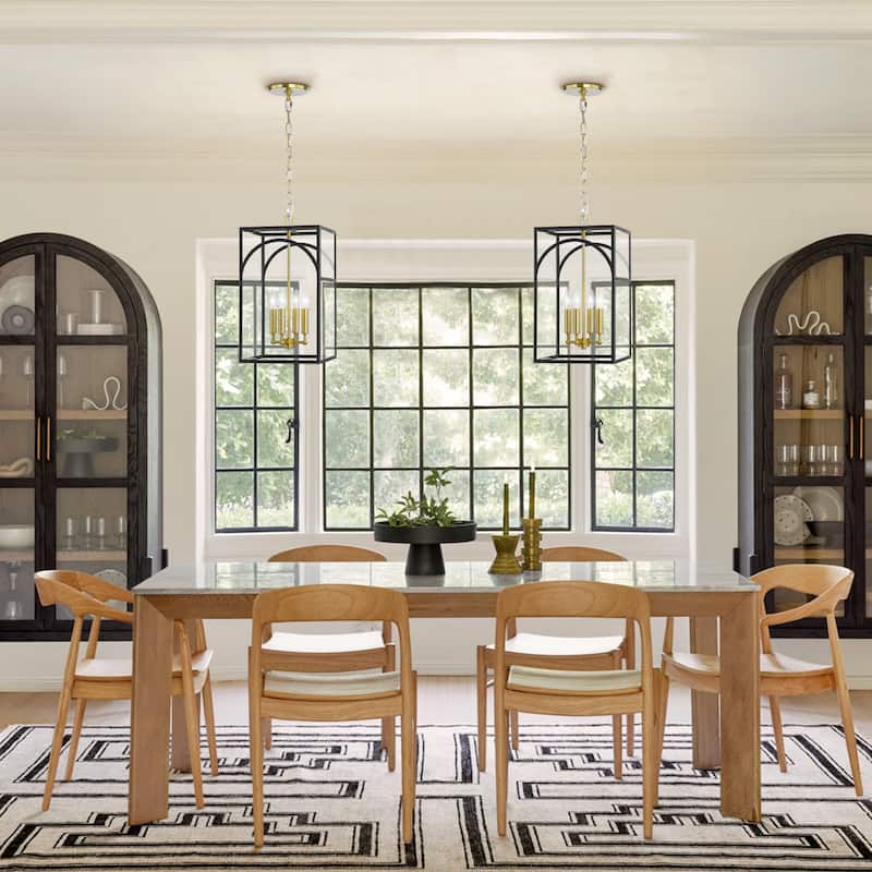 4-Light Mid-Century Modern Rectangular Lantern Pendant with Candlestick Clear Glass Shade - 48 in. W x 26.3 in. H