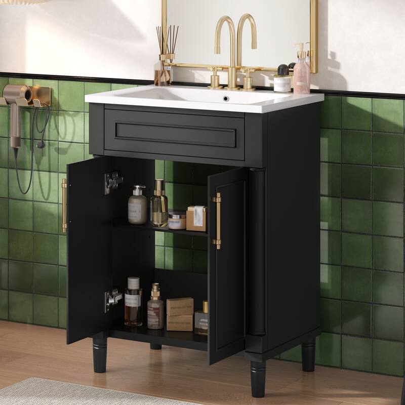 24" Bathroom Vanity with Integrated Ceramic Sink, Bathroom Cabinet with 2 Doors, Single Sink Bathroom Vanity