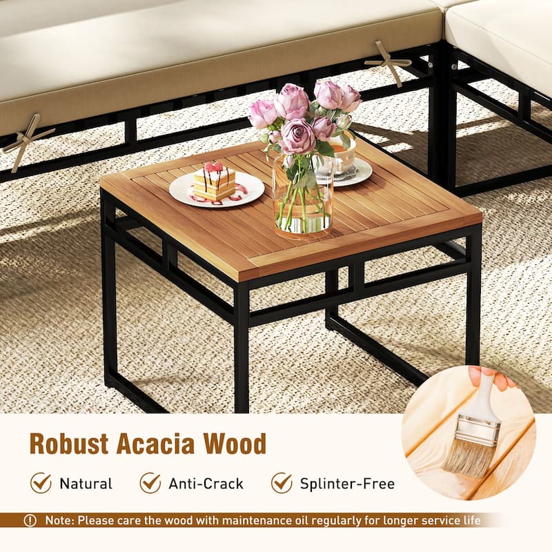 6-Piece Patio Sectional Sofa Set with Acacia Wood Frame and Beige Cushions Including Coffee Table - 25.5" x 43.5" x 26"