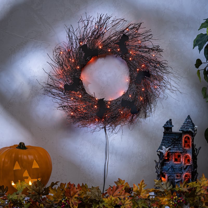 20 in Black Halloween Twig Wreath with Bats and Orange LEDs - N/A