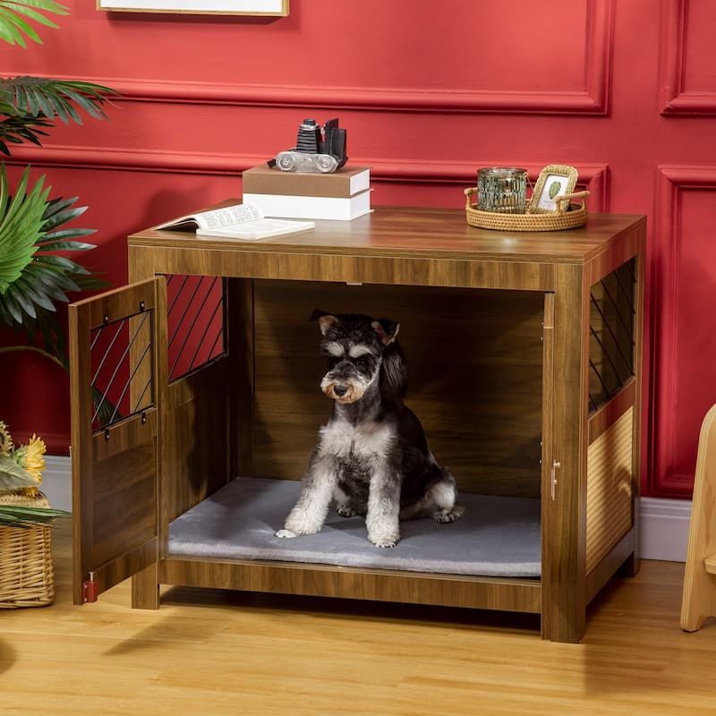 PawHut Dog Crate Furniture with Soft Cushion, Dog Crate End Table with Rattan Decoration