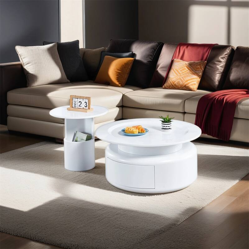 2 Pieces White MDF Round Coffee Table Set for Living Room, Bedroom - White