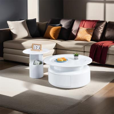 2 Pieces White MDF Round Coffee Table Set for Living Room, Bedroom