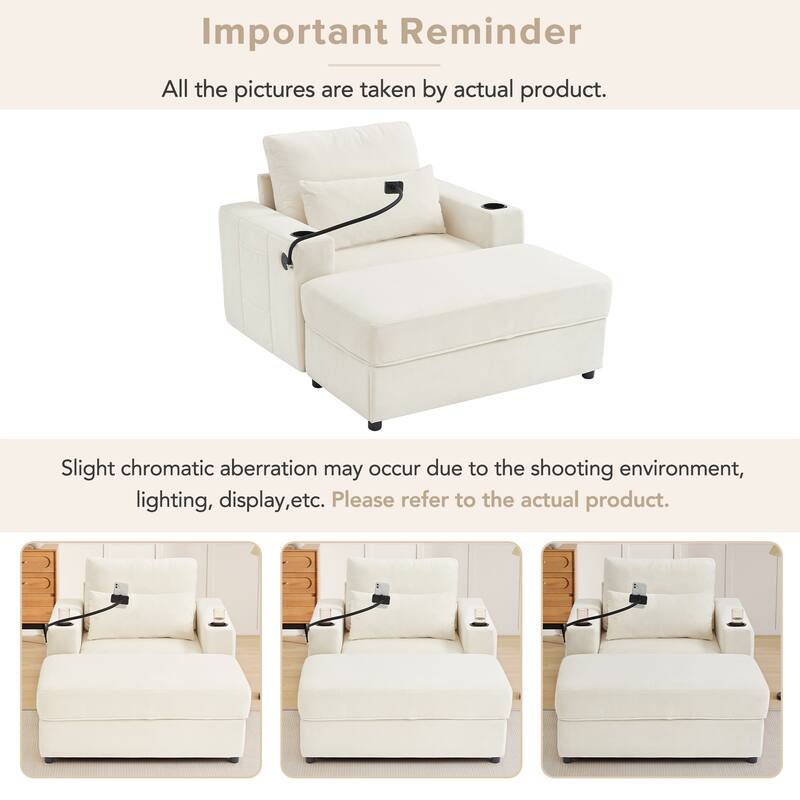 Armchair 42.5" Chaise Lounge Sofa Couch With A Movable Storage Ottoman,Two Usb Ports,Two Cup Holders