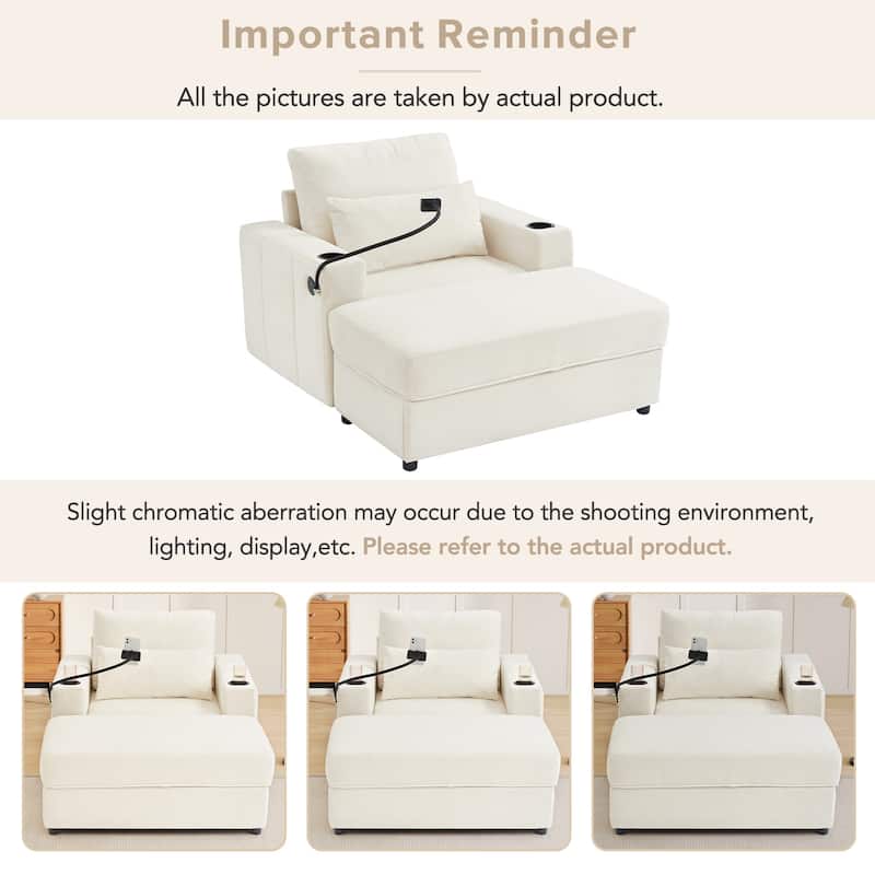 Modern Style Armchair with a Movable Storage Ottoman, Two USB Ports, Two Cup Holders, a Phone Holder and Side Pockets