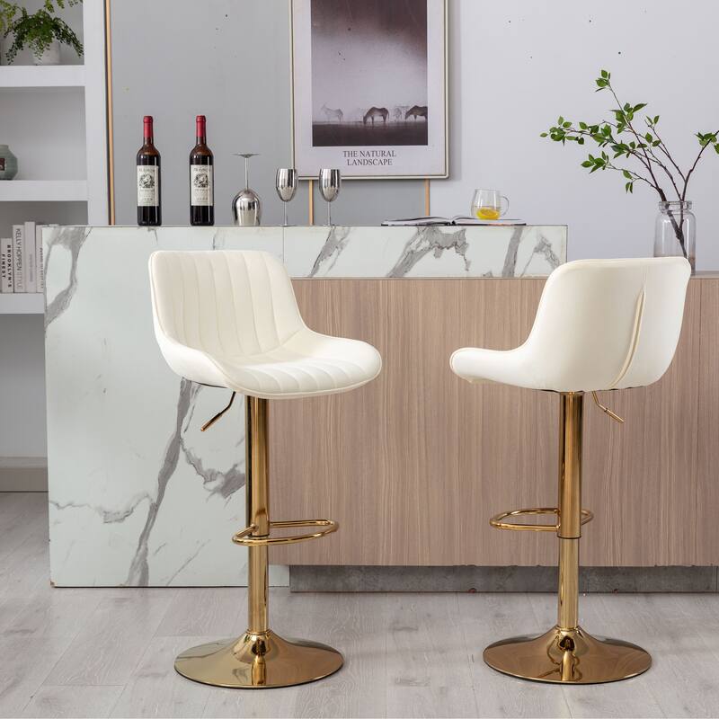 Chrome Footrest And Base Swivel Height Adjustable Mechanical Lifting Velvet + Golden Leg Simple Bar Stool