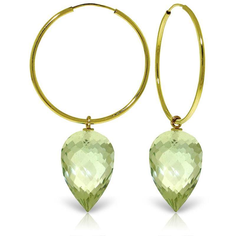 14K Solid Gold Hoop Earrings w/ Pointy Briolette Drop Green Amethysts