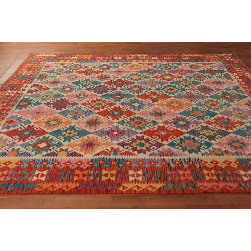 All-Over Geometric Kilim Oriental Area Rug Flatweave Wool Carpet - 8'7"x 9'4"