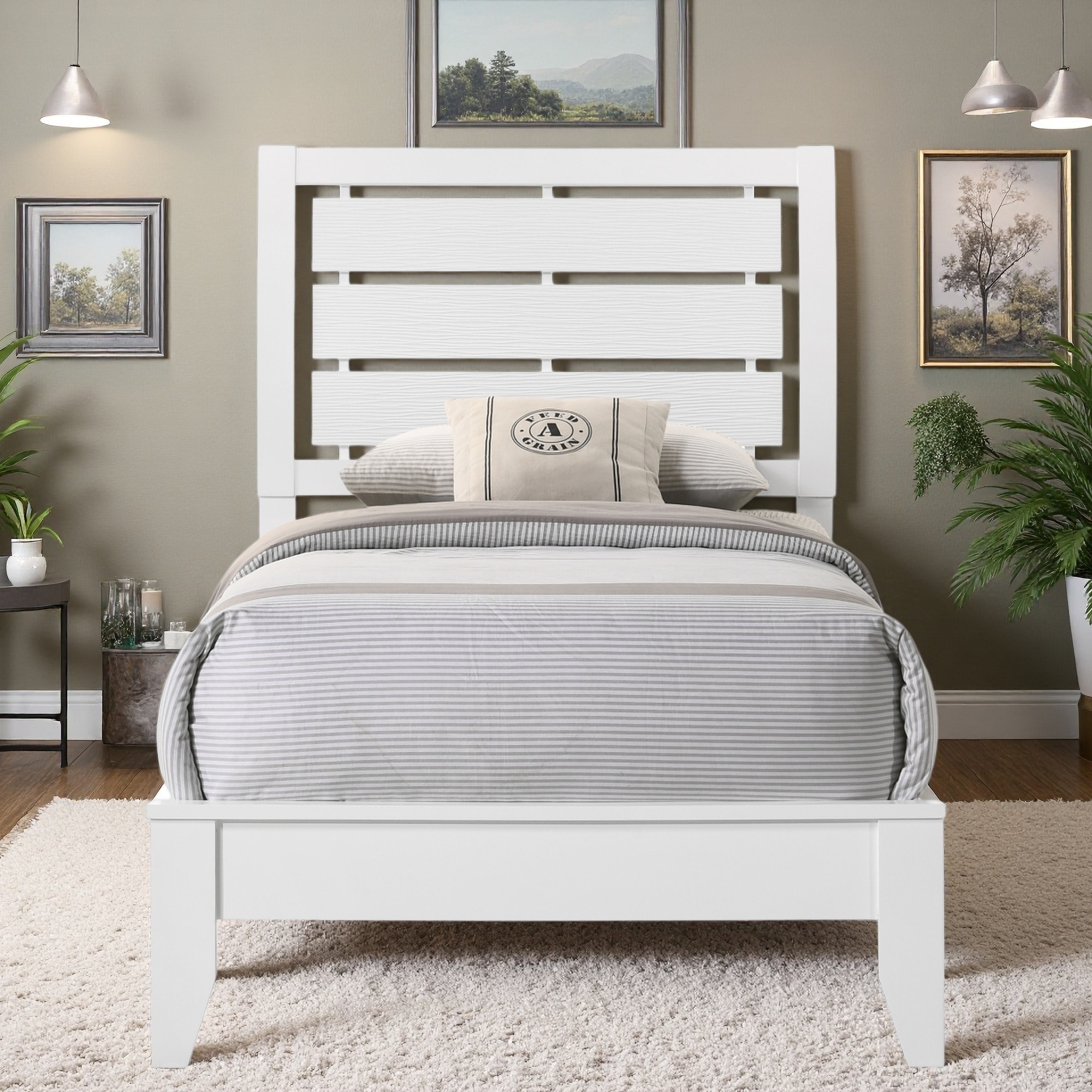 Wood Panel Bed with Geometric Design and Curved Headboard
