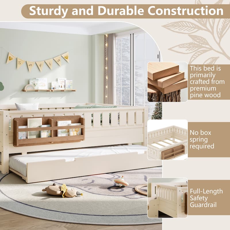 Roomfitters Floor Bed with Bookshelf and Trundle, Low Profile Frame with Step Entry