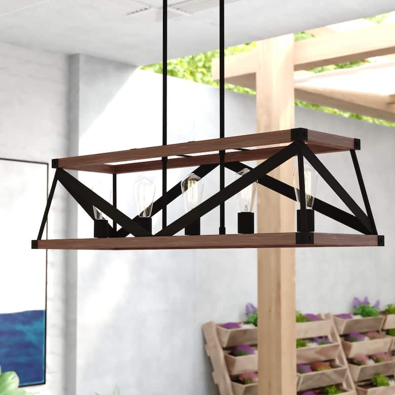 Wade 5L Black and Wood Rustic Cage Linear Chandelier Island Pendant Light Fixture - 36.75-in W x 10.75-in H x 12.75-in D - Matte Black and Sycamore - 36.75-in W x 10.75-in H x 12.75-in D